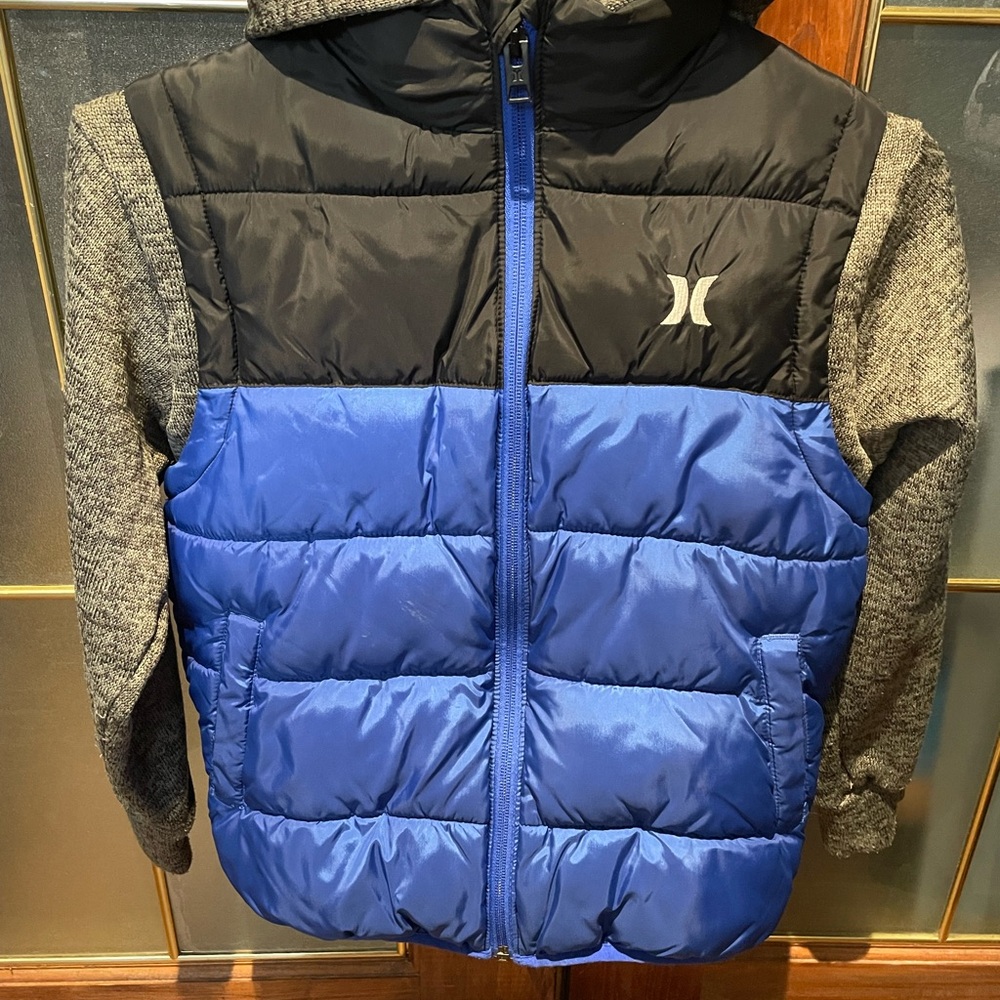 Hurley Blue and Black Puffer Vest with Gray Sleeves